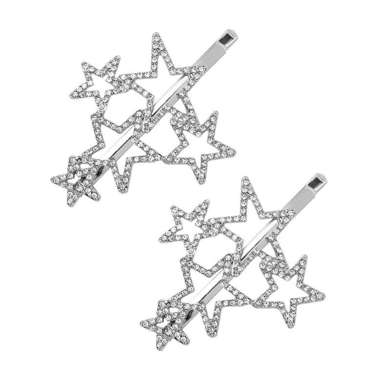 Teppylony 2Pcs Woman Silver Star Shape Shining Rhinestone Crystal Hairpin Hair Clip Metal Alloy Barrettes Hair Accessories for Party Wedding - Image 1